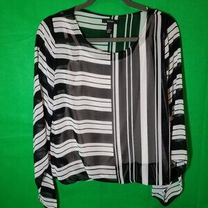 Alfani Sheer Elastic Waist Stripe Blouse W/ Cami Small Black White Bell Sleeve